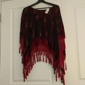 Velvet Peacock Print Beaded Tassel Poncho